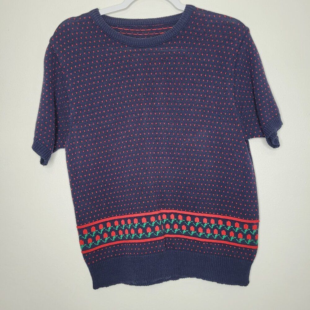 Vintage 90s blue red heart rose flower print knit cute cozy short sleeve sweater